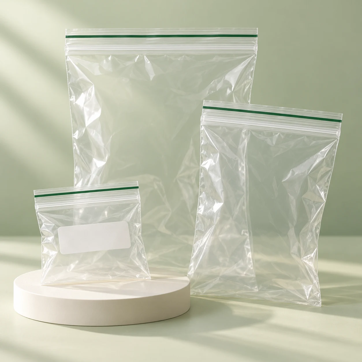Illustration of clear reclosable bags in a range of sizes, arranged on a studio platform